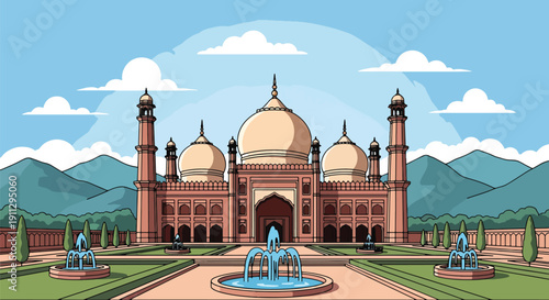 Flat vector illustration of Mughal-style mosque with sandstone domes and symmetrical garden, showing classical Islamic architecture and heritage