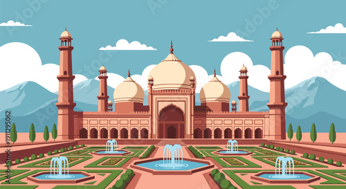 Flat vector illustration of Mughal-style mosque with sandstone domes and symmetrical garden, showing classical Islamic architecture and heritage