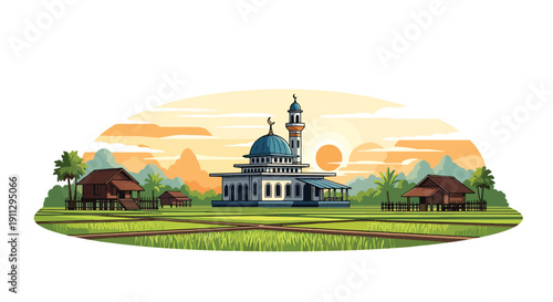 Modern flat vector illustration of rural village mosque surrounded by rice fields and wooden houses at sunrise, showing peaceful countryside worship