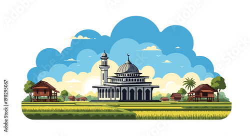 Modern flat vector illustration of rural village mosque surrounded by rice fields and wooden houses at sunrise, showing peaceful countryside worship