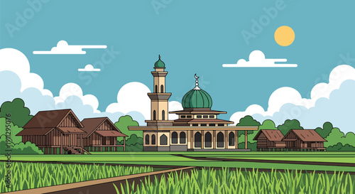 Modern flat vector illustration of rural village mosque surrounded by rice fields and wooden houses at sunrise, showing peaceful countryside worship