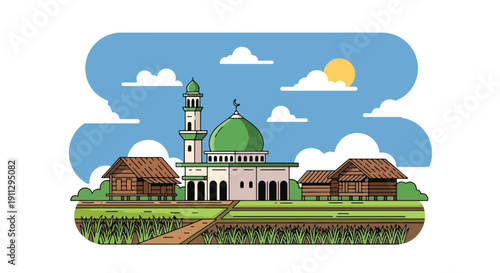 Modern flat vector illustration of rural village mosque surrounded by rice fields and wooden houses at sunrise, showing peaceful countryside worship