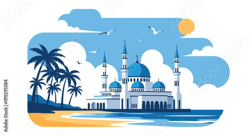 Flat vector illustration of coastal mosque with domes, palm trees, and ocean waves, showing tropical seaside Islamic architecture