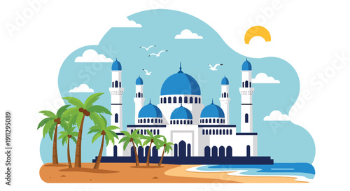 Flat vector illustration of coastal mosque with domes, palm trees, and ocean waves, showing tropical seaside Islamic architecture