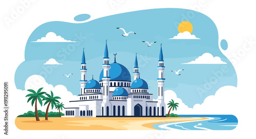 Flat vector illustration of coastal mosque with domes, palm trees, and ocean waves, showing tropical seaside Islamic architecture