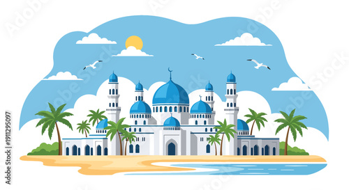 Flat vector illustration of coastal mosque with domes, palm trees, and ocean waves, showing tropical seaside Islamic architecture