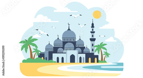 Flat vector illustration of coastal mosque with domes, palm trees, and ocean waves, showing tropical seaside Islamic architecture