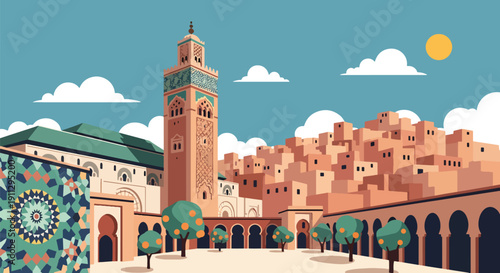 Modern flat vector illustration of Moroccan mosque with square minaret and orange trees in courtyard, showing North African Islamic heritage