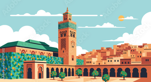 Modern flat vector illustration of Moroccan mosque with square minaret and orange trees in courtyard, showing North African Islamic heritage