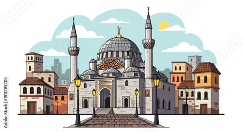 Flat vector illustration of historic stone mosque in old town with cobblestone street and lanterns, showing cultural Islamic heritage