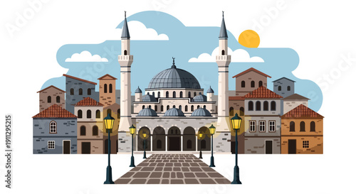 Flat vector illustration of historic stone mosque in old town with cobblestone street and lanterns, showing cultural Islamic heritage