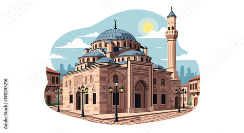 Flat vector illustration of historic stone mosque in old town with cobblestone street and lanterns, showing cultural Islamic heritage