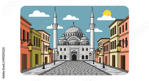 Flat vector illustration of historic stone mosque in old town with cobblestone street and lanterns, showing cultural Islamic heritage