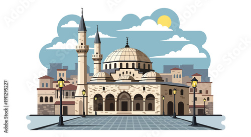 Flat vector illustration of historic stone mosque in old town with cobblestone street and lanterns, showing cultural Islamic heritage