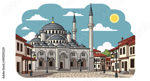 Flat vector illustration of historic stone mosque in old town with cobblestone street and lanterns, showing cultural Islamic heritage
