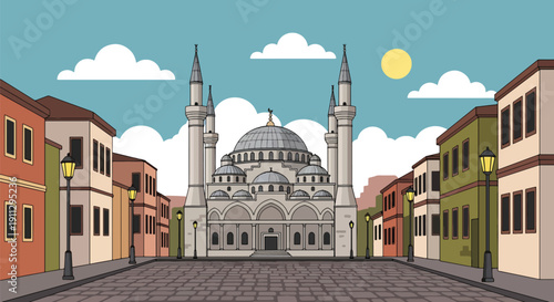 Flat vector illustration of historic stone mosque in old town with cobblestone street and lanterns, showing cultural Islamic heritage