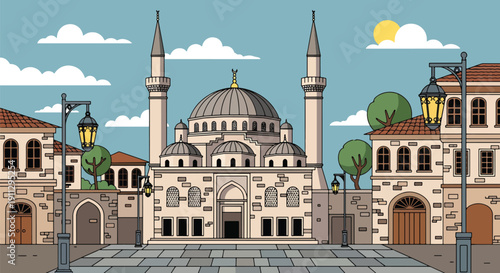 Flat vector illustration of historic stone mosque in old town with cobblestone street and lanterns, showing cultural Islamic heritage