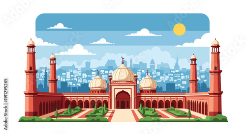 Flat vector illustration of Indian subcontinent mosque with onion domes and courtyard gardens in busy city background