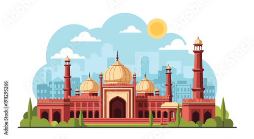 Flat vector illustration of Indian subcontinent mosque with onion domes and courtyard gardens in busy city background