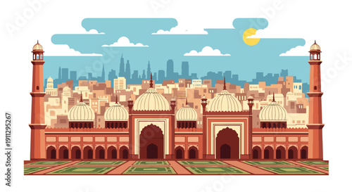 Flat vector illustration of Indian subcontinent mosque with onion domes and courtyard gardens in busy city background