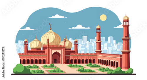 Flat vector illustration of Indian subcontinent mosque with onion domes and courtyard gardens in busy city background