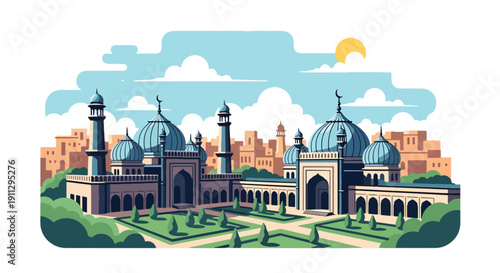 Flat vector illustration of Indian subcontinent mosque with onion domes and courtyard gardens in busy city background