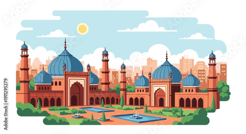 Flat vector illustration of Indian subcontinent mosque with onion domes and courtyard gardens in busy city background