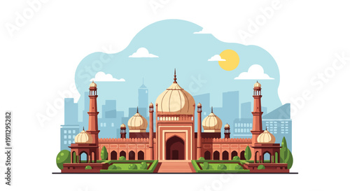 Flat vector illustration of Indian subcontinent mosque with onion domes and courtyard gardens in busy city background