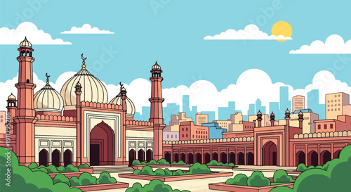 Flat vector illustration of Indian subcontinent mosque with onion domes and courtyard gardens in busy city background