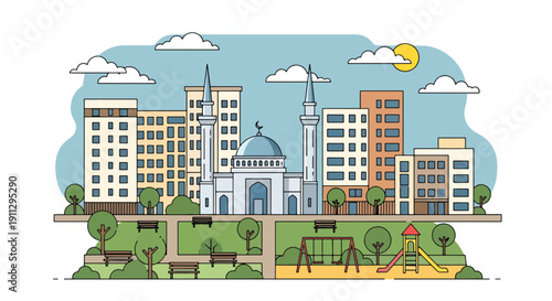 Modern flat vector illustration of mosque inside housing complex with park and playground, showing community-centered Islamic worship
