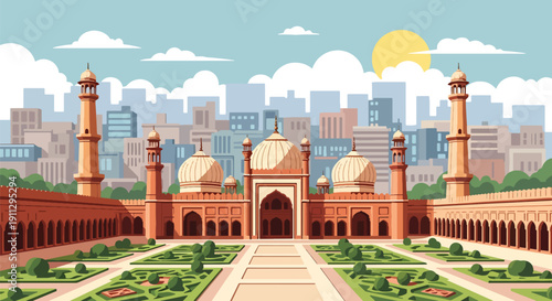 Flat vector illustration of Indian subcontinent mosque with onion domes and courtyard gardens in busy city background