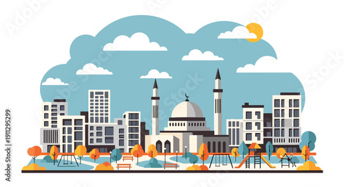 Modern flat vector illustration of mosque inside housing complex with park and playground, showing community-centered Islamic worship