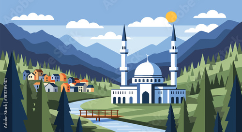 Modern flat vector illustration of mosque in mountain valley with river and pine forest, showing peaceful spiritual landscape