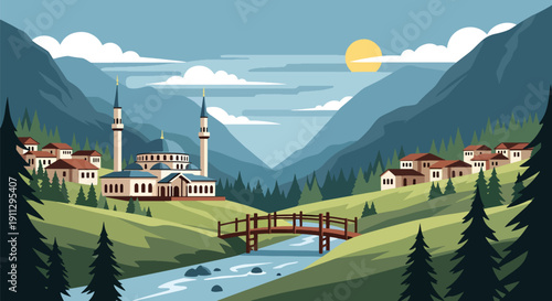 Modern flat vector illustration of mosque in mountain valley with river and pine forest, showing peaceful spiritual landscape