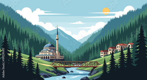 Modern flat vector illustration of mosque in mountain valley with river and pine forest, showing peaceful spiritual landscape