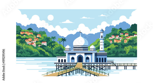 Modern flat vector illustration of floating mosque on river with bamboo walkways and rainforest background, showing tropical Islamic setting
