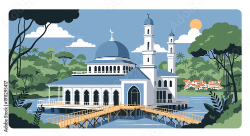 Modern flat vector illustration of floating mosque on river with bamboo walkways and rainforest background, showing tropical Islamic setting