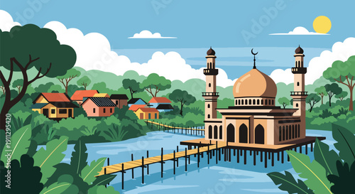 Modern flat vector illustration of floating mosque on river with bamboo walkways and rainforest background, showing tropical Islamic setting