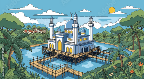 Modern flat vector illustration of floating mosque on river with bamboo walkways and rainforest background, showing tropical Islamic setting