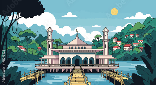 Modern flat vector illustration of floating mosque on river with bamboo walkways and rainforest background, showing tropical Islamic setting