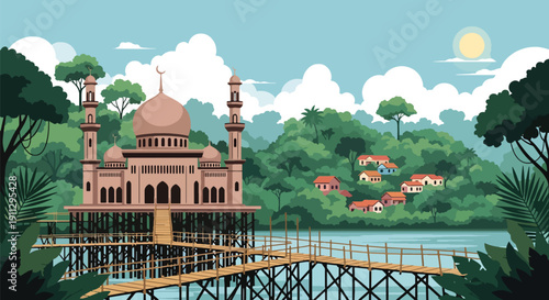 Modern flat vector illustration of floating mosque on river with bamboo walkways and rainforest background, showing tropical Islamic setting