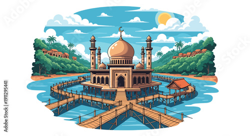 Modern flat vector illustration of floating mosque on river with bamboo walkways and rainforest background, showing tropical Islamic setting