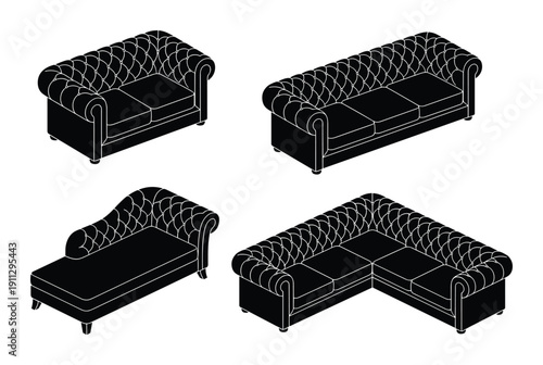 Collection of chesterfield sofas and chaise lounge in isometric view on transparent background