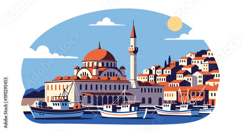 Modern flat vector illustration of Mediterranean mosque near fishing boats and harbor, showing coastal Islamic architecture