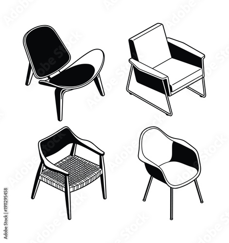 Collection of designer armchairs and chairs in isometric projection on transparent background