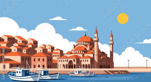 Modern flat vector illustration of Mediterranean mosque near fishing boats and harbor, showing coastal Islamic architecture