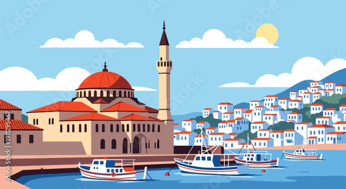 Modern flat vector illustration of Mediterranean mosque near fishing boats and harbor, showing coastal Islamic architecture