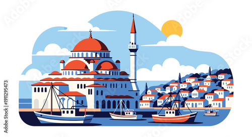 Modern flat vector illustration of Mediterranean mosque near fishing boats and harbor, showing coastal Islamic architecture