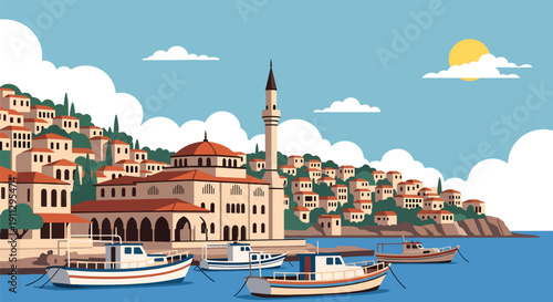 Modern flat vector illustration of Mediterranean mosque near fishing boats and harbor, showing coastal Islamic architecture