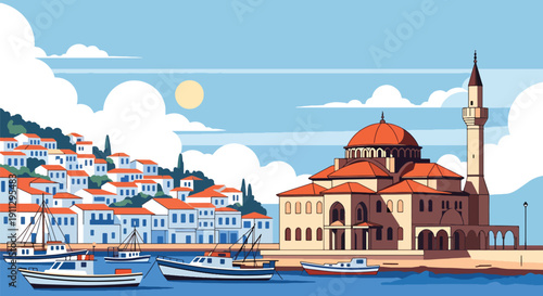 Modern flat vector illustration of Mediterranean mosque near fishing boats and harbor, showing coastal Islamic architecture